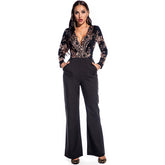 Retro Long Sleeve Sequin Stitching Jumpsuit